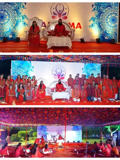 A collage from our Vijayawada Fire Meditation event, showing us on stage, the large group of participants, and the beautiful tented venue by the Krishna river.
