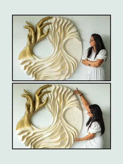 Two perspectives on the same piece. This shows both a contemplative pose and the active process of adjusting the artwork, highlighting the relationship between the artist and the creation.