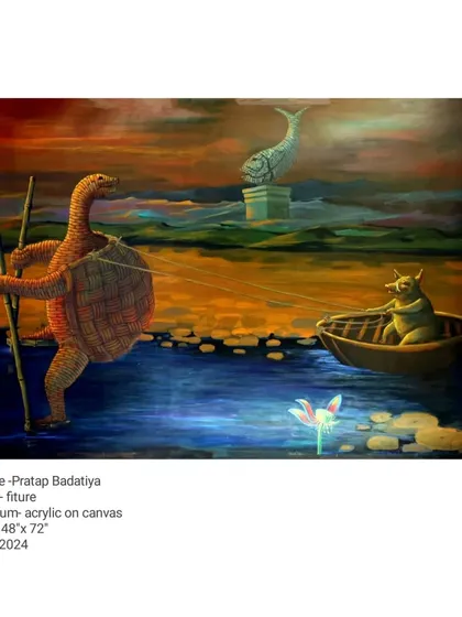 This 48 by 72-inch acrylic on canvas, titled 'Future,' imagines a world where nature and tradition persist in a changed landscape. The turtle figure, a recurring symbol of endurance in my work, navigates toward a future where the past is memorialized.