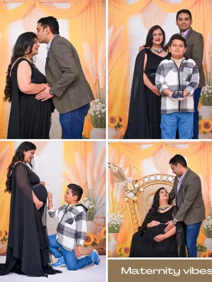 This collage captures the love and excitement of a growing family. It includes a tender kiss, a full family portrait with their son, and his adorable interaction with the baby bump.