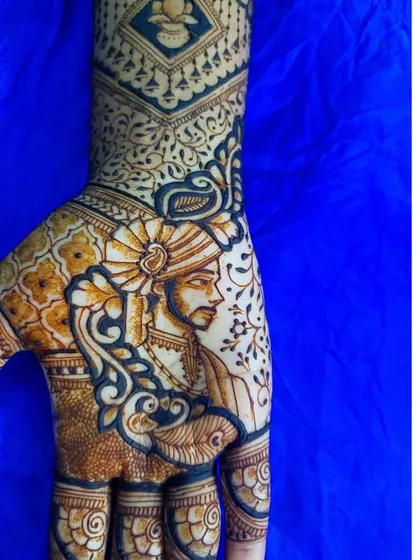 A closer look at the groom's portrait from my cousin's bridal henna. The details in the turban and the gentle expression are some of my favorite parts of this piece.