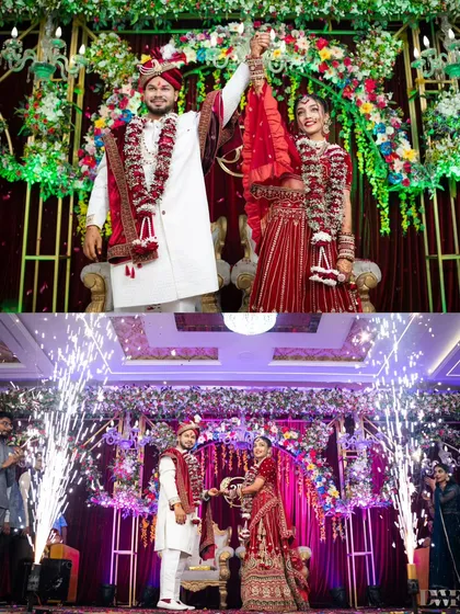 A collage showing the grand Varmala ceremony with pyrotechnics, creating a spectacular and celebratory moment.