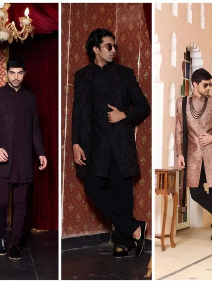 A showcase of three distinct Indo-Western looks, from a rich copper-toned sherwani to a classic black ensemble, demonstrating the range of styles available for the modern groom and his party.