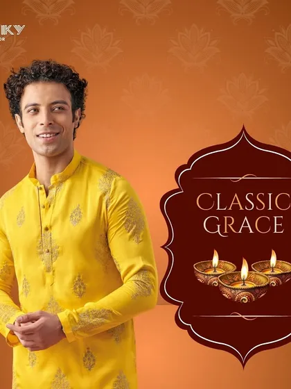 Classic grace for the festival of lights. This bright yellow kurta with subtle embroidery is a perfect choice for a traditional and cheerful Diwali celebration.
