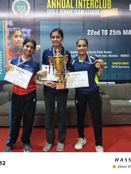 Our winning women's team proudly displaying their trophy and medals at the TSTTA Mumbai Inter-Club Tournament. A fantastic achievement for Team Spinart.