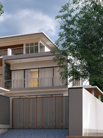This angle of the "Zen Oasis" visualization focuses on the entrance and gate design, which continues the contemporary theme of clean lines and a sophisticated material palette.