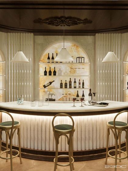 A frontal view of the bar, showcasing the beautiful onyx back-lit panels and classic bentwood bar stools. The design creates a sophisticated and inviting atmosphere, perfect for enjoying a glass of wine in style.