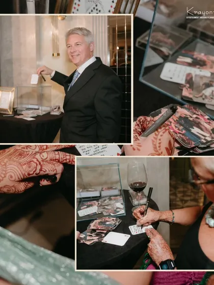 A collage of guests enjoying the wedding message station, writing heartfelt notes and advice for the happy couple.
