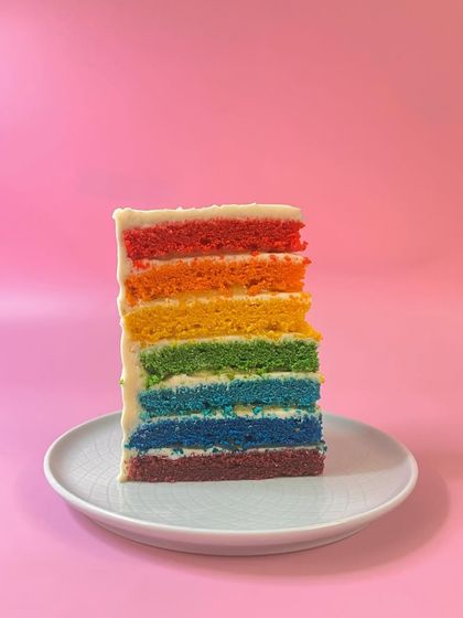 I love my Oranges & Lemons rainbow cake so much that when I made four boxes, I had to take one home for myself. This slice shows off all seven vibrant layers.