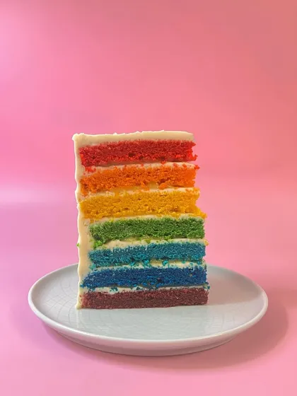 I love my Oranges & Lemons rainbow cake so much that when I made four boxes, I had to take one home for myself. This slice shows off all seven vibrant layers.