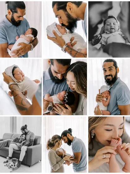 A collage showcasing the variety from a single newborn session, from family portraits to close-ups of the baby's tiny feet.
