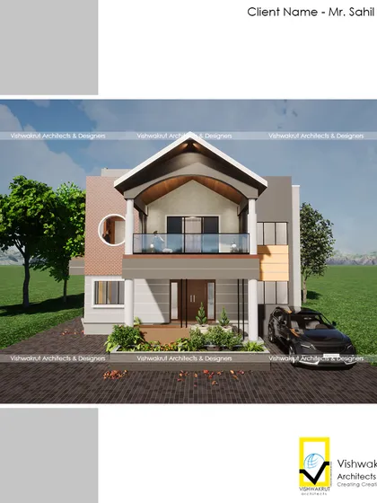A render of 'Kadam's House' in Panvel, showcasing the prominent A-frame roof and spacious balcony that define its character.