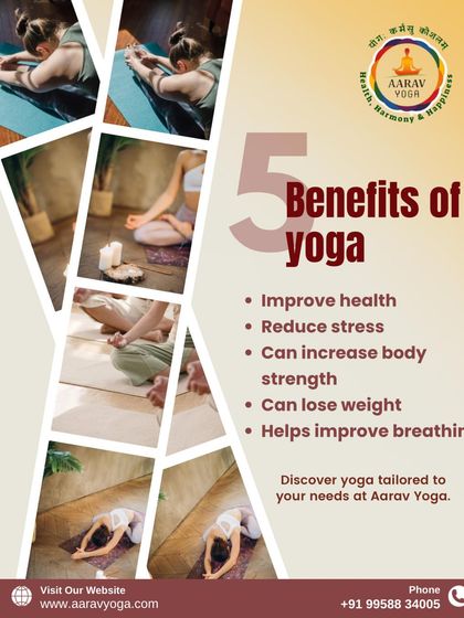 This collage lists five key benefits of yoga: improving health, reducing stress, increasing strength, aiding weight loss, and improving breathing.
