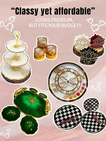 My goal is to create gifts that look premium but fit your budget. This collection shows the range of classy and affordable resin products I offer, from tiered serving stands and clocks to trays and coaster sets for any occasion.