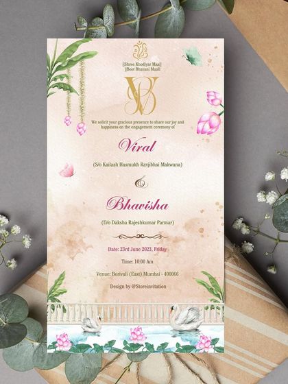 An aesthetically pleasing engagement invitation for Viral and Bhavisha. The design uses a soft beige watercolor background with blooming lotuses and graceful swans to create a serene and beautiful Indian theme.