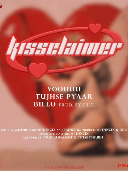 The official artwork for my EP 'Kissclaimer', showing the full tracklist and production credits. I am involved in every step, from writing and performing to producing and mixing.