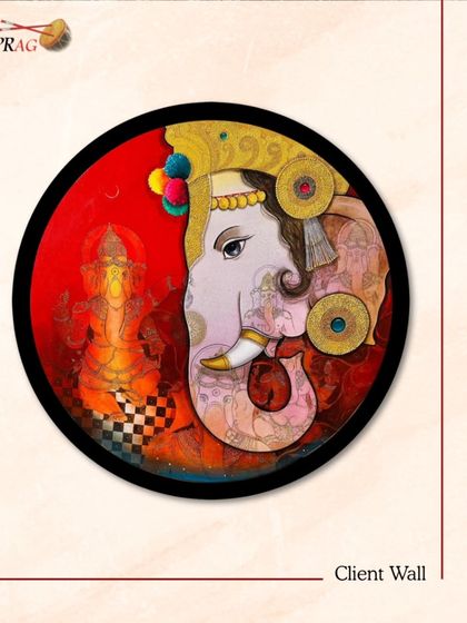 A circular Ganesha painting, rich with symbolic details, presented as a beautiful option for a client's sacred space.