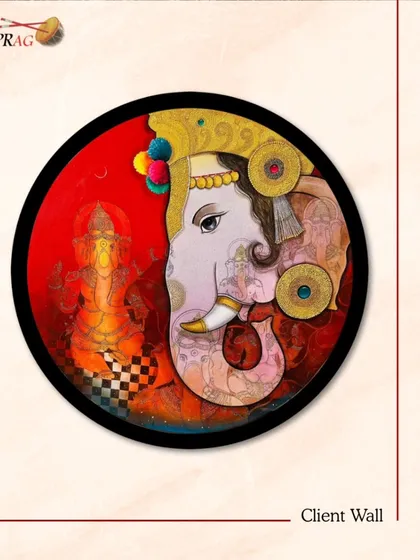 A circular Ganesha painting, rich with symbolic details, presented as a beautiful option for a client's sacred space.