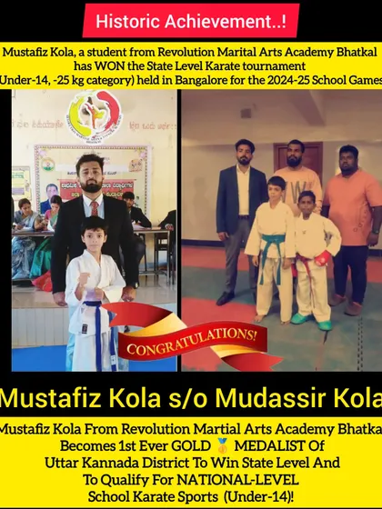 A historic achievement for our academy. We are incredibly proud of Mustafiz Kola, the first student from the entire Uttar Kannada District to win a Gold Medal at the State Level and qualify for the National School Karate Sports. This is the result of pure dedication.