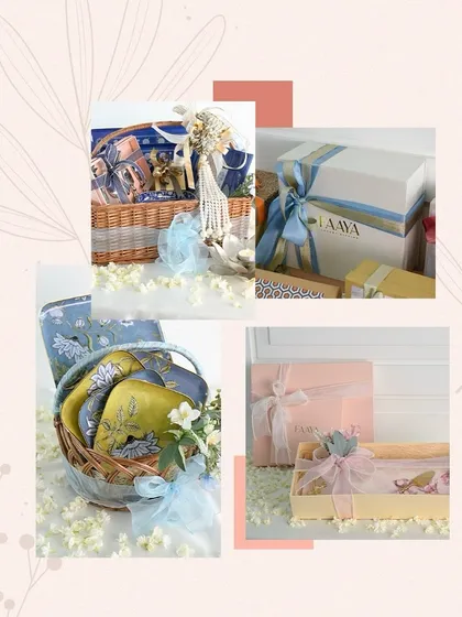 This collage showcases the variety of our wedding hampers, from rustic baskets to elegant boxes. Each one is a curated experience, designed to delight guests and reflect the couple's personal style.