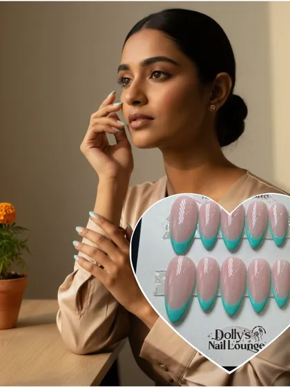 A modern take on the French manicure with a bright turquoise tip. My press-on nails can be customized with any color you like.