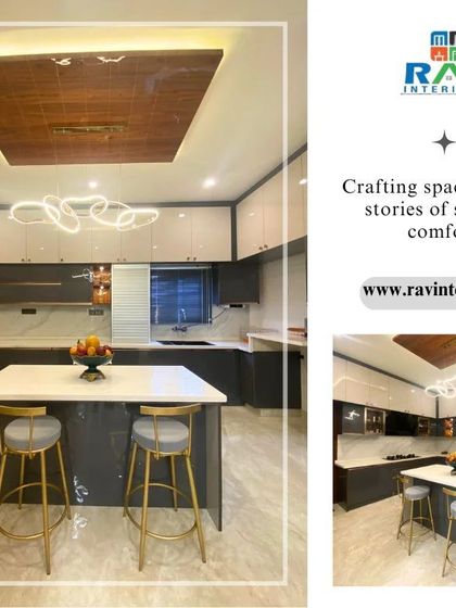 A collage showcasing a completed island kitchen project. The design features dark grey and white cabinets, a wooden false ceiling, and stylish bar stools.