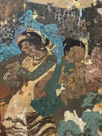 A close-up of a central figure in the "Ajanta" painting, capturing the blend of figurative drawing and abstract texture.