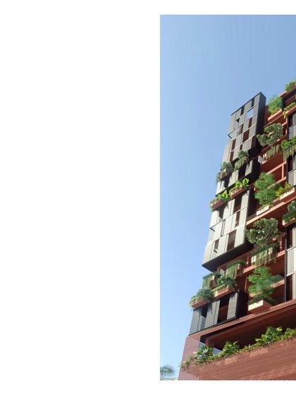 Another view of our vertical living concept for Bombay. The design features a green exoskeleton to control the microclimate and provide shaded outdoor spaces for each residence.