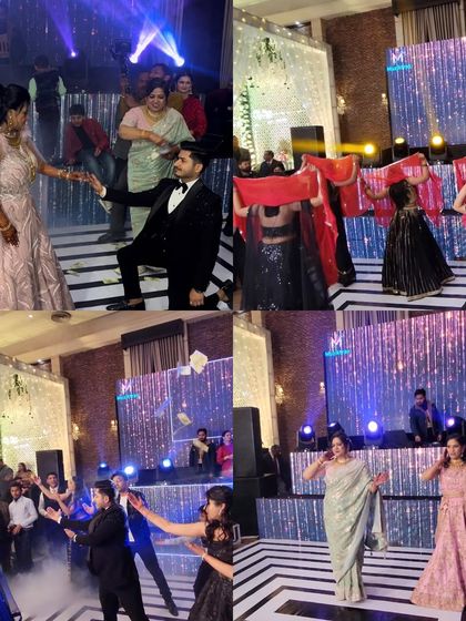 A collage showcasing the variety of our wedding choreographies. From romantic couple dances to energetic group performances with props, we cover all aspects of your sangeet night.
