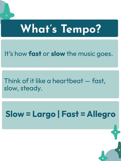 What's tempo? It's simply how fast or slow the music goes, like a heartbeat. We use terms like Largo for slow and Allegro for fast.