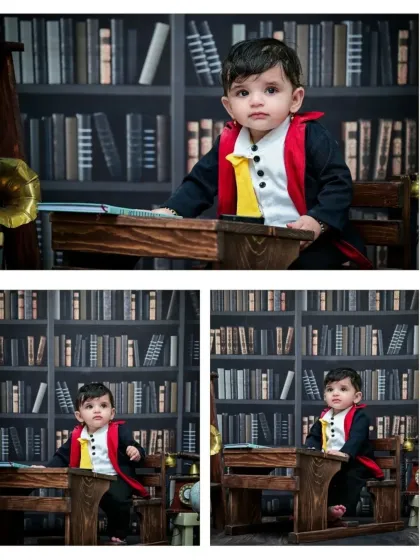 This three-photo collage captures various poses and expressions of the baby wizard in the library. It showcases his personality, from curious glances to confident stances at his desk.