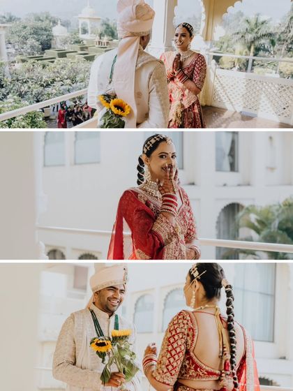 The groom's sweet surprise. Aarshadd presents his bride Dhwani with sunflowers during their first look, a personal and touching gesture.
