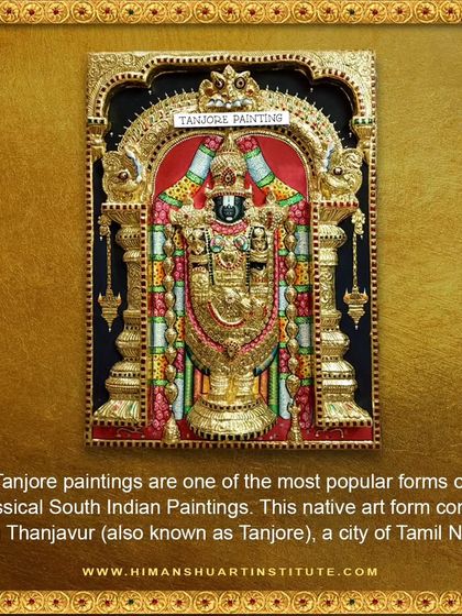 A series of informational images explaining the history and techniques of Tanjore painting, a classical South Indian art form known for its gold foil work and embedded gems.