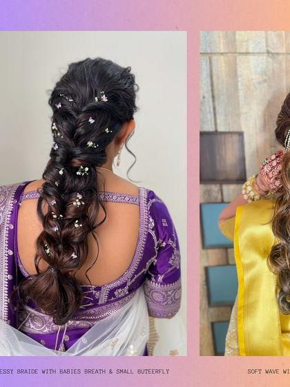 On the left, a messy fishtail braid is delicately woven with baby's breath and tiny butterfly clips. This whimsical and romantic style is perfect for a haldi, mehendi, or outdoor wedding ceremony.