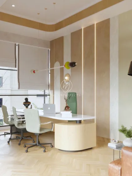 A design rendering for a private cabin, showcasing a custom curved desk and striped wall paneling. The space was designed to be a bright and inspiring corner office with ample natural light.