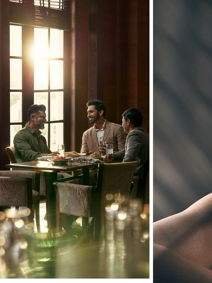 This campaign shot for DLF captures a sophisticated social lunch. The models are styled in smart-casual attire, creating an atmosphere of relaxed elegance and business networking.