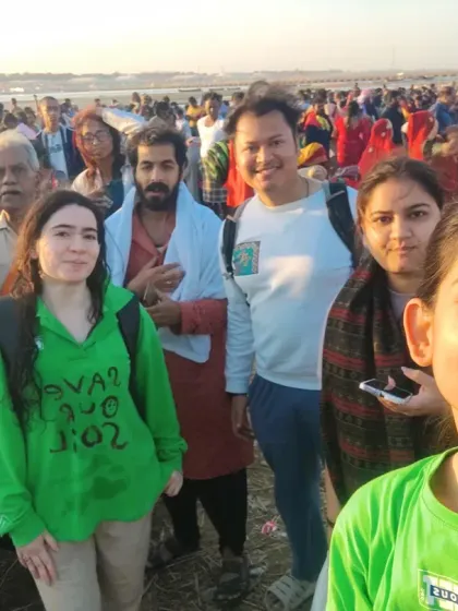 Our group amidst the vast crowd at the Kumbh Mela. The energy is overwhelming and intense, a true immersion into the heart of devotion.
