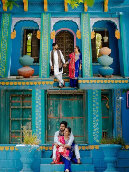 This collage showcases the vibrant colors of a Jaipur-inspired "Blue City" set. We love playing with architecture and color to create artistic and memorable pre-wedding portraits that stand out.