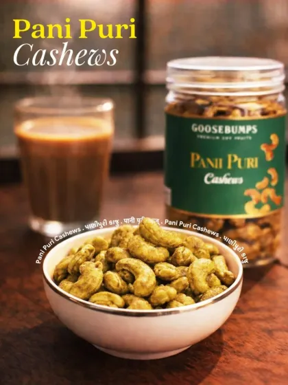 I've captured the tangy, spicy flavour of street-side pani puri in these roasted cashews. This is one of my favourite chaat-inspired nuts, served here in a simple bowl, ready to be enjoyed with a hot cup of chai.