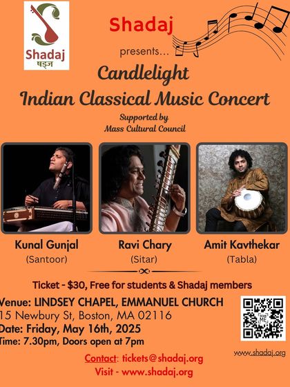 The poster for a 'Candlelight Indian Classical Music Concert' in Boston, featuring me, Kunal Gunjal on Santoor, and Amit Kavthekar on Tabla.