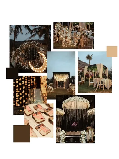 This mood board captures the essence of a rustic, romantic evening wedding. I focused on warm lighting, natural textures, and elegant details like a crescent moon prop and a floral mandap.