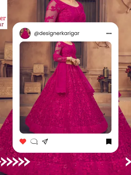 A vibrant magenta lehenga with delicate lacework. This is a perfect choice for a bride who loves bold colors and elegant design.