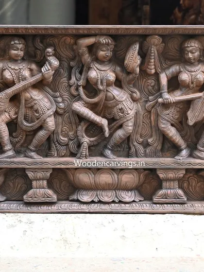 A close-up of the 73-inch Apsara panel, focusing on the musicians. The dynamic poses and detailed instruments showcase our artisans' ability to capture movement and grace in wood.