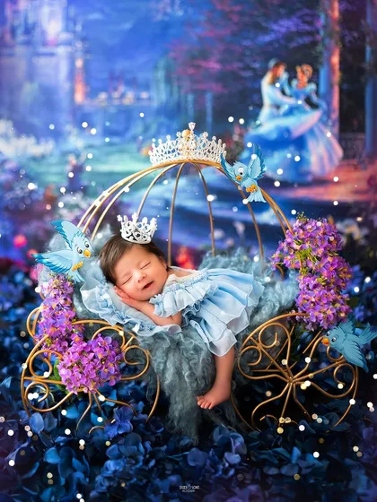 A dream is a wish your heart makes. This little princess is sleeping peacefully in her Cinderella-inspired carriage, creating a truly magical newborn portrait. I love designing these fairytale setups.