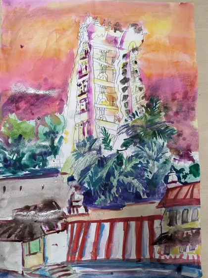 An expressive watercolor interpretation of a temple. This artist used a wet-on-wet technique to create a dreamy, colorful sky.