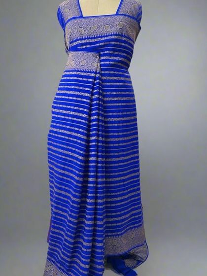 Another view of the blue pure Banaras crepe saree with stripes.