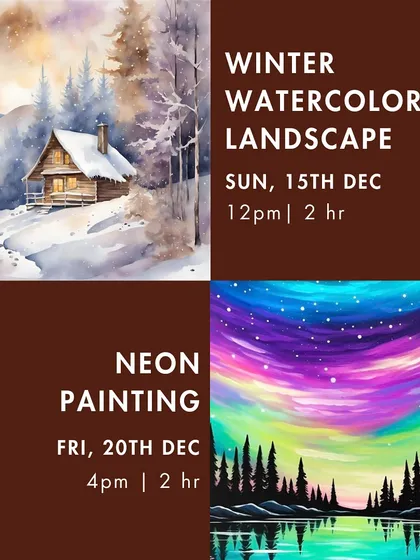 More for December: a "Winter Watercolor Landscape" workshop and a vibrant neon painting class.