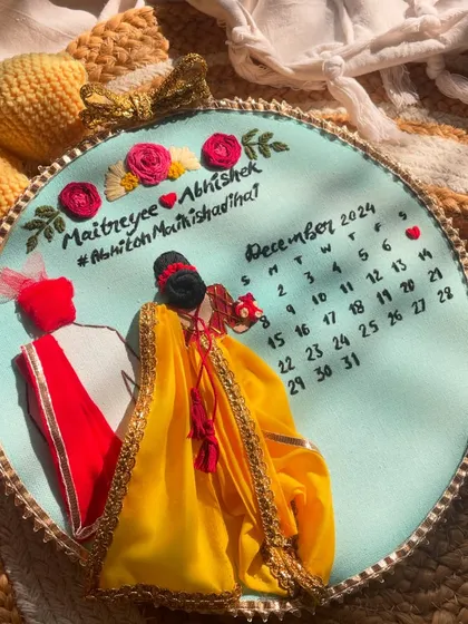 One of my absolute favorite things to create. This is a custom wedding embroidery hoop, designed to be a beautiful 'Save the Date' keepsake. I love capturing the couple's likeness and their special date in a piece of art they can cherish forever.