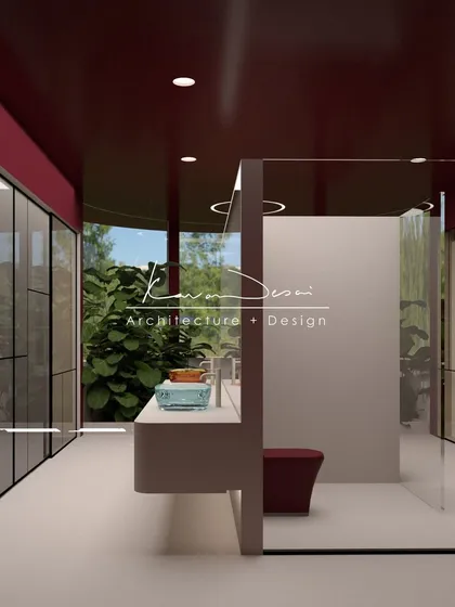Another view of the maroon bathroom concept, showing the sleek, floating double vanity and glass-enclosed shower. The light-toned flooring provides a sharp contrast, balancing the intensity of the dark walls and ceiling.
