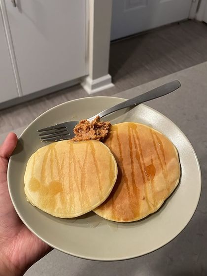 Pancakes for performance. When made with the right ingredients, pancakes can be a great source of carbohydrates to fuel a morning workout or long race. Here they are served with a bit of peanut butter for some added protein and healthy fats.